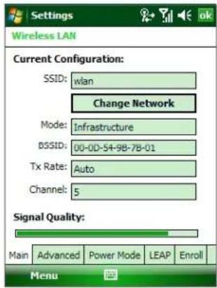 Settings Wireless LAN Current Configuration: SSID: wlan Change Network Mode: Infrastructure BSSID: 00-0D-54-9B-7B-01 Tx Rate: Auto Channel: 5 Signal Quality: Main Advanced Power Mode LEAP Enroll Menu