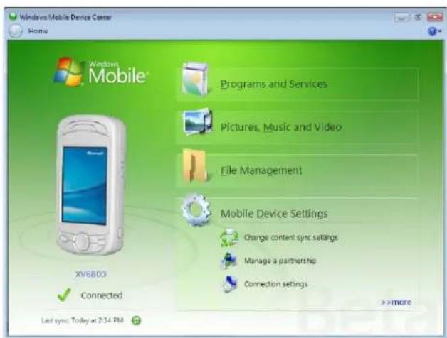 Windows Mobile Device Center Home Windows Mobile® Programs and Services Pictures, Music and Video File Management Mobile Device Settings Change content sync settings Manage a partnership Connection settings XV6800 Connected Last sync: Today at 2:34 PM >> more