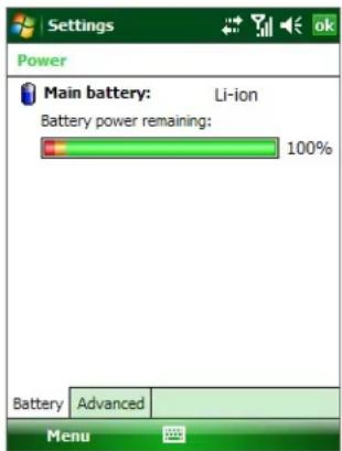Settings Power Main battery: Li-ion Battery power remaining: 100% Battery Advanced Menu