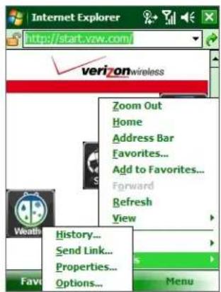 Internet Explorer http://start.view.com/ verizon.wireless Zoom Out Home Address Bar Favorites... Add to Favorites... Forward Refresh View History... Send Link... Properties... Options... Menu
