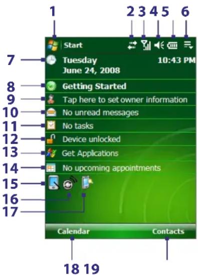 1 2 3 4 5 6 Start Tuesday June 24, 2008 10:43 PM Getting Started Tap here to set owner information No unread messages No tasks Device unlocked Get Applications No upcoming appointments Calendar Contacts 7 8 9 10 11 12 13 14 15 16 17 18 19