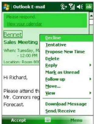 Outlook E-mail Please respond. View your calendar Bennet Sales Meeting When: Tuesday, M- - 12:00 PM Location: Room 800 Hi Richard, Please attend th Mr. Connors reg Forecast. Decline Tentative Propose New Time Delete Reply Mark as Unread Follow up Move... View Download Message Send/Receive Accept Menu