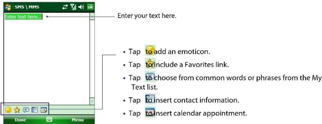SMS \ MMS Enter text here... Enter your text here. Tap to add an emoticon. Tap to include a Favorites link. Tap to choose from common words or phrases from the My Text list. Tap to insert contact information. Tap to insert calendar appointment.