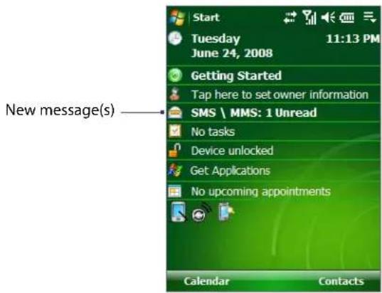 Start Tuesday June 24, 2008 11:13 PM Getting Started Tap here to set owner information SMS \ MMS: 1 Unread No tasks Device unlocked Get Applications No upcoming appointments New message(s) Calendar Contacts