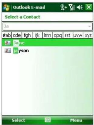 Outlook E-mail Select a Contact Ja #ab cde fgh ijk lmn opq rst uvw xyz Jane Jia yson Select Menu