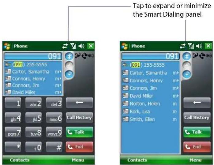 Tap to expand or minimize the Smart Dialing panel Phone 091 (091) 255-5555 Carter, Samantha m Connors, Henry m Connors, Jim m David Miller m 1 abc 2 def 3 ← ghi 4 jki 5 mn 6 Call History pqrs 7 tuv 8 wxyz 9 Talk * +0 # End Contacts Menu Phone 091 (091) 255-5555 Carter, Samantha m Connors, Henry m Connors, Jim m David Miller m Norton, Helen m Rork, Lisa m Smith, Ellen m Call History Talk End Contacts Menu
