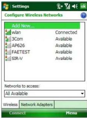 Configure Wireless Networks Add New... wlan Connected 3Com Available AP626 Available FAETEST Available SIR-V Available Networks to access: All Available Wireless Network Adapters Connect Menu