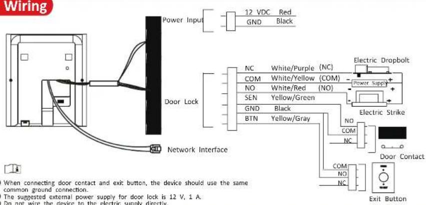Wiring Power Input 12 VDC Red GND Black Door Lock Network Interface NC White/Purple (NC) COM White/Yellow (COM) - Power Supply + NO White/Red (NO) SEN Yellow/Green GND Black BTN Yellow/Gray Electric Dropbolt Electric Strike NO COM NC Door Contact COM NO NC Exit Button When connecting door contact and exit button, the device should use the same common ground connection. The suggested external power supply for door lock is 12 V, 1 A. Do not wire the device to the electric supply directly.