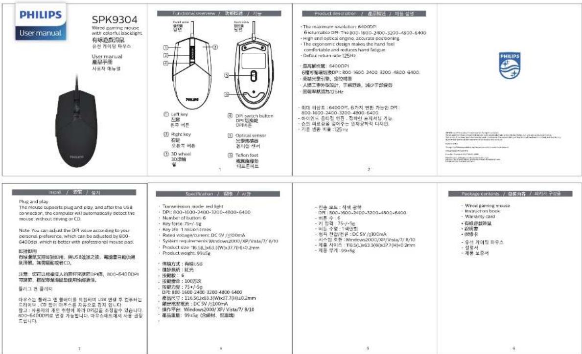 PHILIPS User manual SPK9304 Wireless gaming mouse with colorful backlight. 有機遊戲源段 유산-like型 마우스 User manual 無量手用 사용자 마뉴얼 Functional overview / 功能描述 / 기능 1 Left key 左窗 front view 바른 2 Right key 右窗 오른 view 바른 3 3D wheel 3D曲面 曲 DP watch button DPI 触察 DP信息 3 Optical sensor 光罩感器 游리일 캐서 5 Teflon foot 無量傳播器 테크레퍼드 Product description / 帮助提示 / 剪進提示 • The maximum resolution: 6400DP 6 recumable DPI. The 800-1600-2400-3200-4800-6400 • High end optical engine, accurate positioning. • The ergonomic design makes the hand feel comfortable and reduces hand fatigue. • Defaul return rate: 125Hz • 高壓解析度: 6400DP 6 懂可能切换DPI: 800-1600-2400-3200-4800-6400. • 高壓影響, 定位精度 • 人間工事外架設計, 手載開發, 减少字的服務 • 回転率數值: 125Hz • 최대 하상도: 6400DP, 6가지 변환 가능함 DP: 800-1600-2400-3200-4800-6400. • 忠이중는 임타장 인전, 정하한 보치서싱 가능. • 순의 비효감을 경여주는 인제공학적 다지인. • 기준 전파 비율: 125Hz Install / 安装 / 设置 Plug and play The mouse supports plug and play, and after the USB connection, the computer will automatically detect the mouse, without driving or CD. Note You can adjust the DPI value according to your personal preference, which can be adjusted by 800- 6400dpi which is better with professional mouse pad. 即適用 有線漏張支持回転卸用。保USB发送之後, 電道會自動內機 氣滑動。無量圖像或者CD。 注意:您可以推進深入的喜好來達節DPI値,800-6400DP) 可需要,能控制減損變型使用性能更佳。 물리그 럔 음러 마우스는 햨라그 연 햨라티를 지정하며 USB 면DF 후 합류터는 드라이브、CD 깁이 마우스를 지동으로 징지 Indicates. 창고 : 사용서의 개인 향형에 따라 DPI감을 초정합니다. 800-6400DP로 전파 가능합니다. 마우스드에서 사용 균당 드입니다. Specification / 禁格 / 사가 • Transmission mode red light • DPI: 800-1600-2400-3200-4800-6400 • Number of button: 6 • Key force: 75/-5g • Key life: 1 million times • Rated voltage/current: DC SV /500mA • System requirements: Windows/2000/XP/Vista/7/8/10 • Product size: 16.5(Lx63.3(Wx37.7)/H×0.2mm • Product weight: 99±5g • 传输方式: 禹線USB • 雜路系統: 红光 • 洗載数: 5 • 接触命令: 100万次 • 容触力度: 75+/-5g DPI: 800-1600-2400-3200-4800-6400 • 食品尺寸: 116.5(Lx63.3(Wx37.7)/H×0.2mm • 雜路底座電流: DC SV /510mA • 操作平台: Windows/2000/XP/Vista/7/8/10 • 雜路重量: 99±5g (含錫材、記録塊) Package contents / 百通貿易 / 而기지 구분물 • Wired gaming mouse • Instruction book • Warranty card • 自殺遊戲源段 • 折明書 • 僅報卡 • 유사-like型 마우스 • 建國史 • 建國志 寶中