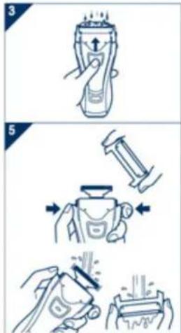 Illustration showing three-step steps of a hairdryer or brushing process, with labeled diagrams and directional arrows.