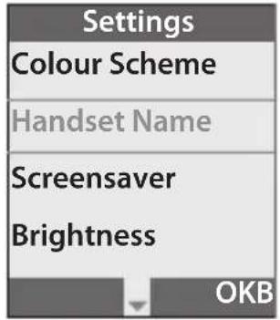 Settings Colour Scheme Handset Name Screensaver Brightness OKB