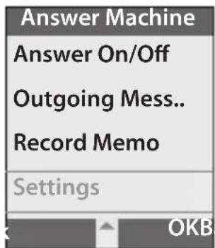 Answer Machine Answer On/Off Outgoing Mess.. Record Memo Settings OKB