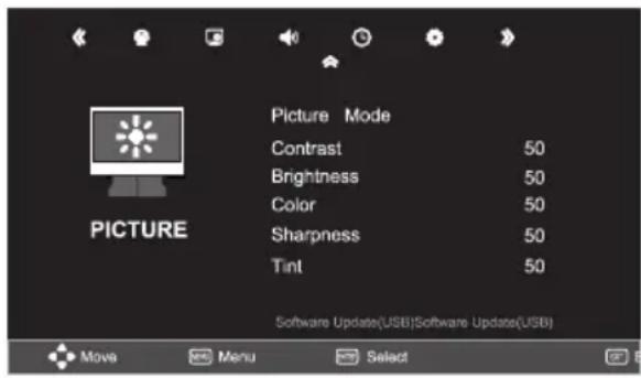 Picture Mode Contrast 50 Brightness 50 Color 50 Sharpness 50 Tint 50 Software Update(USB)Software Update(USB) Move Menu Select
