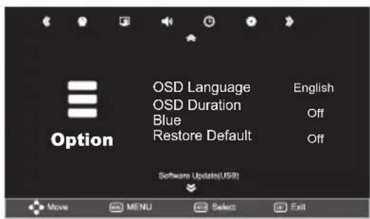 Option OSD Language English OSD Duration Off Blue Off Restore Default Software Update(USB)