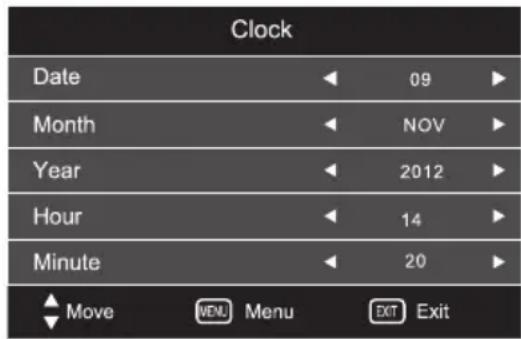 Clock Date 09 Month NOV Year 2012 Hour 14 Minute 20 Move MENU Menu EXIT Exit