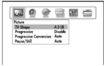 Picture TV Shape 4:3 LB Progressive Disable Progressive Conversion Auto Pause/Still Auto