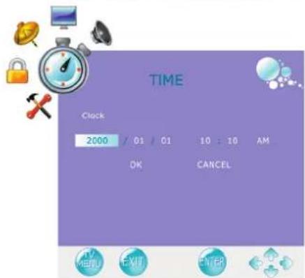 TIME Clock 2000 / 01 / 01 10 : 10 AM OK CANCEL TV MENU EXIT ENTER