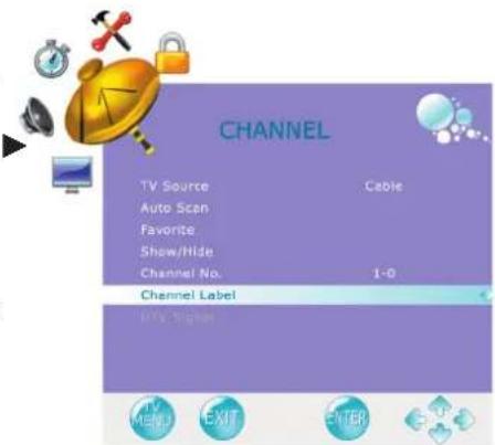 CHANNEL TV Source Cable Auto Scan Favorite Show/Hide Channel No. 1-0 Channel Label DVD Signal TV MEN EXIT ENTER