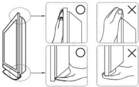 Diagram illustrating hand positioning and contact pointing for a device, with labeled parts and directional arrows.