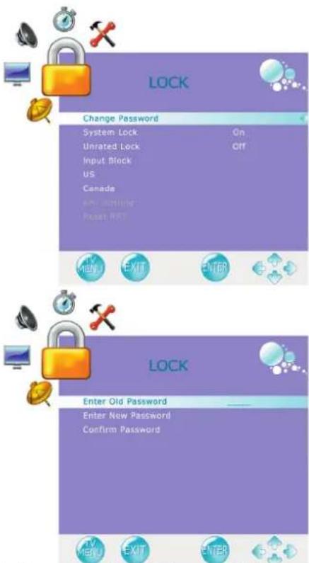 LOCK Change Password System Lock On Unrated Lock Off Input Block US Canada API Required Reset NET TV MEN EXIT ENTER 5.0 LOCK Enter Old Password Enter New Password Confirm Password TV MEN EXIT ENTER 5.0