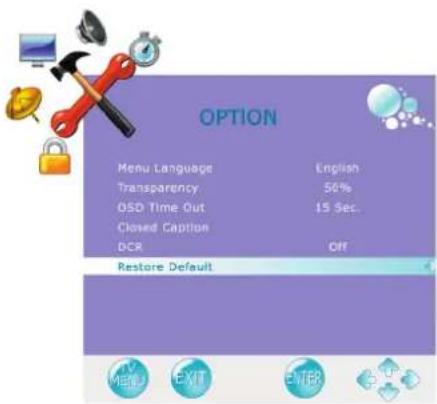 OPTION Menu Language English Transparency 50% OSD Time Out 15 Sec. Closed Caption DCR Off Restore Default TV MED EXT ENTER