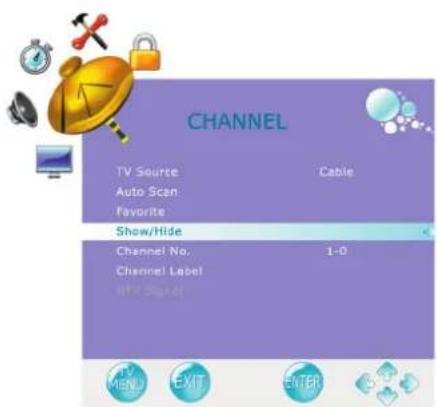 CHANNEL TV Source Cable Auto Scan Favorite Show/Hide Channel No. 1-0 Channel Label MTV Signal TV MENU EXIT CENTER