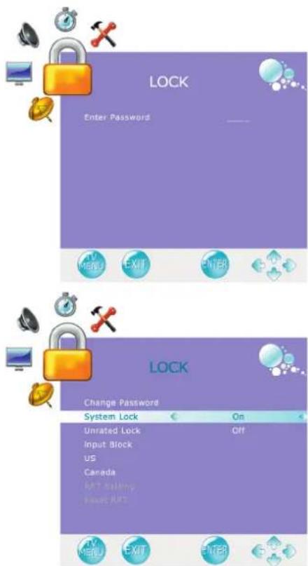 LOCK Enter Password TV MENU EXIT ENTER ON Change Password System Lock On Unrated Lock Input Block US Canada RRT Saling Rset RRT Off MND EXIT ENTER