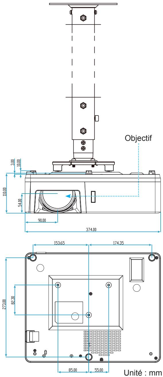 OPTOMA ZU507TST - Dimensions du projecteur et installation au plafond - 1