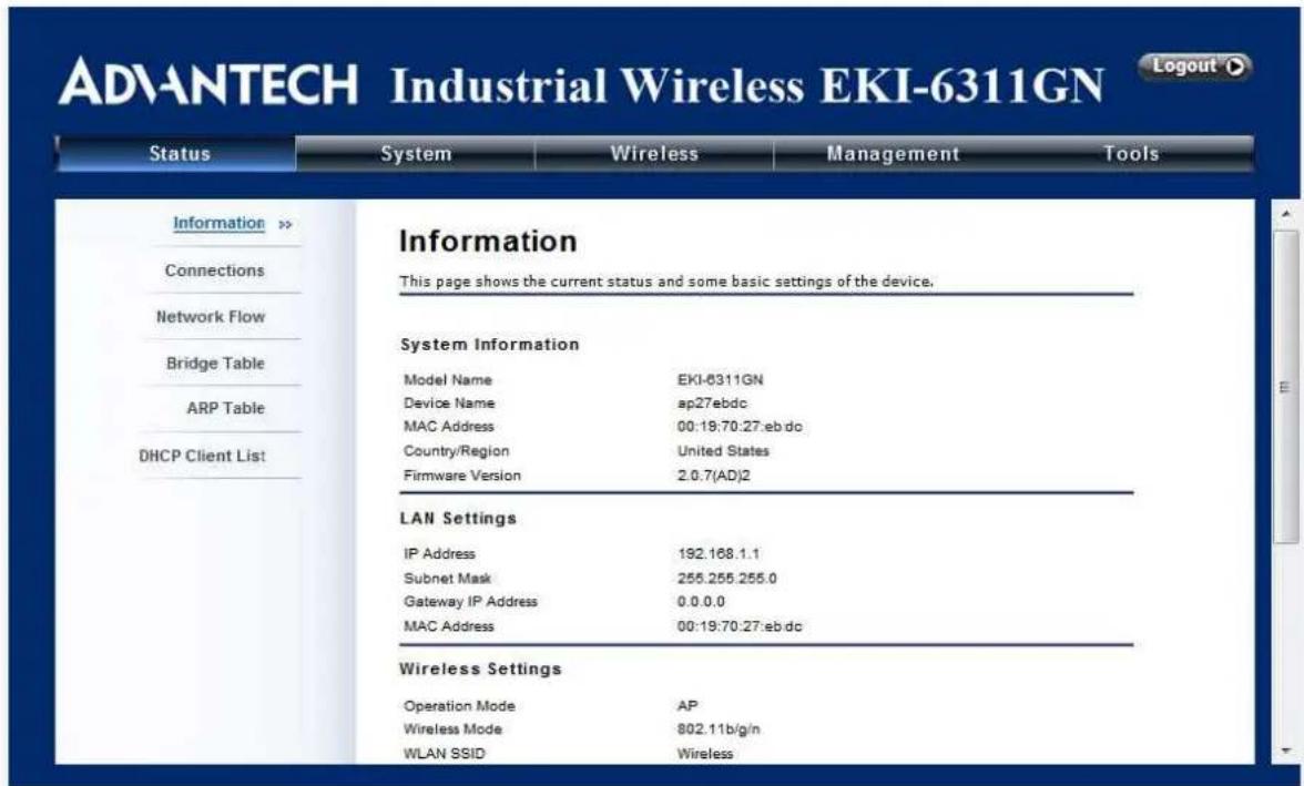 ADVANTECH Industrial Wireless EKI-6311GN Status System Wireless Management Tools Information This page shows the current status and some basic settings of the device. System Information Model Name EKI-6311GN Device Name ap27ebdc MAC Address 00:19:70:27:eb do Country/Region United States Firmware Version 2.0.7(AD)2 LAN Settings IP Address 192.168.1.1 Subnet Mask 255.255.255.0 Gateway IP Address 0.0.0.0 MAC Address 00:19:70:27:eb dc Wireless Settings Operation Mode AP Wireless Mode 802.11b/g/n WLAN SSID Wireless