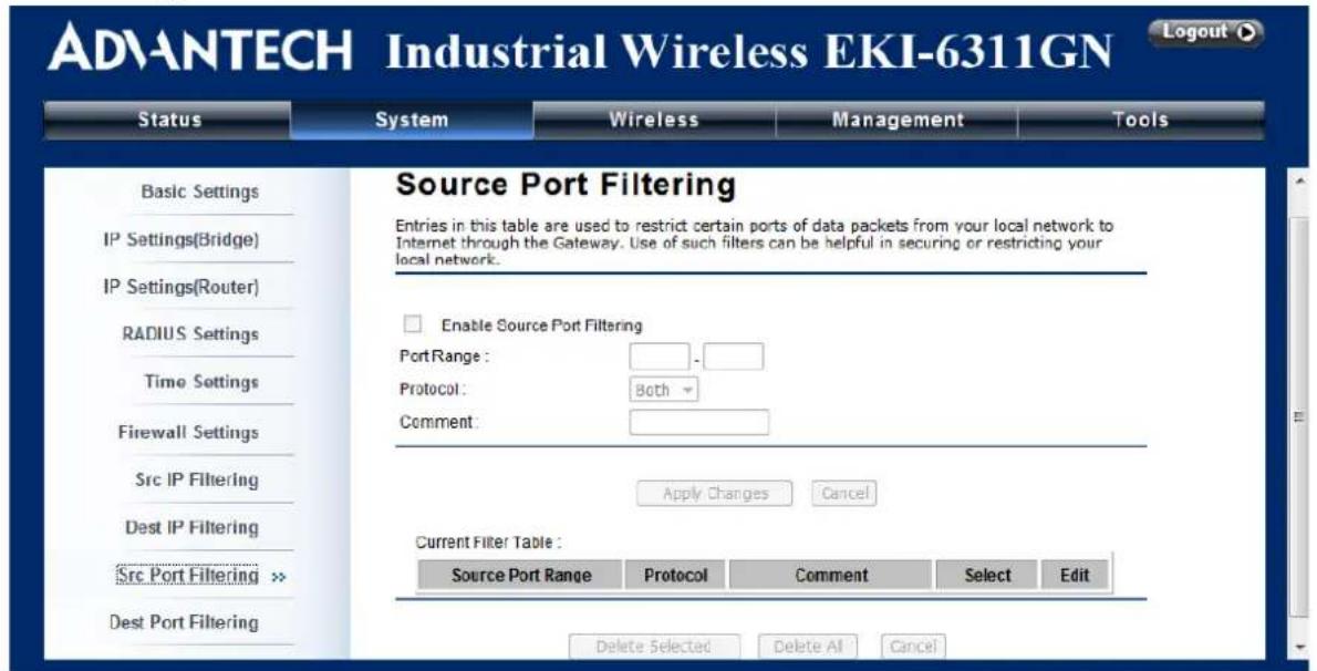 ADVANTECH Industrial Wireless EKI-6311GN Status System Wireless Management Tools Basic Settings IP Settings(Bridge) IP Settings(Router) RADIUS Settings Time Settings Firewall Settings Src IP Filtering Dest IP Filtering Src Port Filtering >> Dest Port Filtering Source Port Filtering Entries in this table are used to restrict certain ports of data packets from your local network to Internet through the Gateway. Use of such filters can be helpful in securing or restricting your local network. Enable Source Port Filtering Port Range: - Protocol: Both Comment: Apply Changes Cancel Current Filter Table : Source Port Range Protocol Comment Select Edit Delete Selected Delete AI Cancel