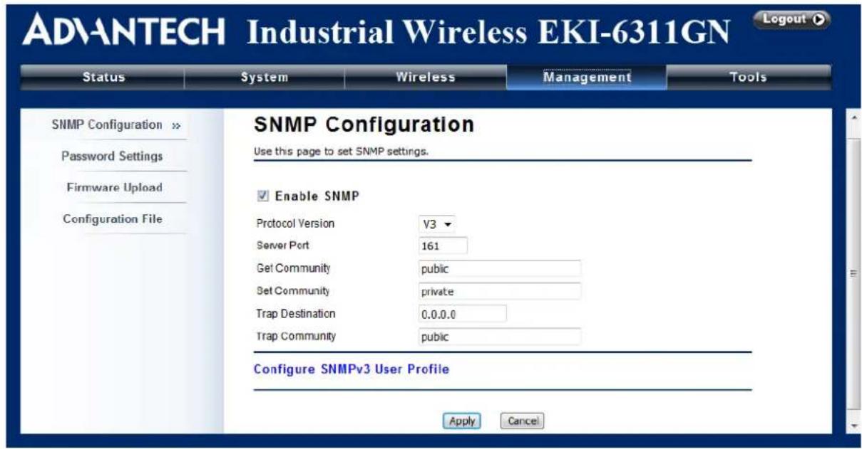 ADVANTECH Industrial Wireless EKI-6311GN Status System Wireless Management Tools SNMP Configuration >> Password Settings Firmware Upload Configuration File SNMP Configuration Use this page to set SNMP settings. Enable SNMP Protocol Version V3 Server Port 161 Get Community public Set Community private Trap Destination 0.0.0.0 Trap Community public Configure SNMPv3 User Profile Apply Cancel