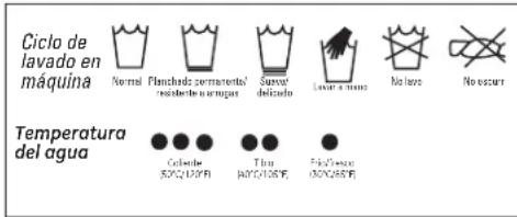 Ciclo de lavado en máquina Normal Planchado permanenta' resistente a ungaros Sarvei delcado Laser a mano No lavo No escur Temperatura del agua Colónia 50% (100%) Tinu 80% (100%) Fis/tescu 50% (100%)