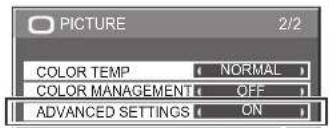 PICTURE 2/2 COLOR TEMP NORMAL COLOR MANAGEMENT OFF ADVANCED SETTINGS ON