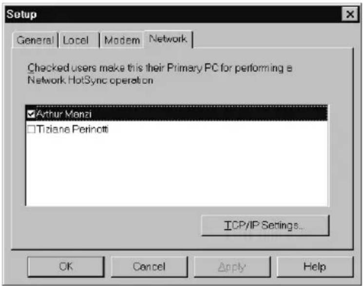 Setup General | Local | Modem | Network | Checked users make this their Primary PC for performing a Network HotSync operation ✓Arthur Menzi □Tiziana Perinotti ICP/IP Settings... OK Cancel Apply Help