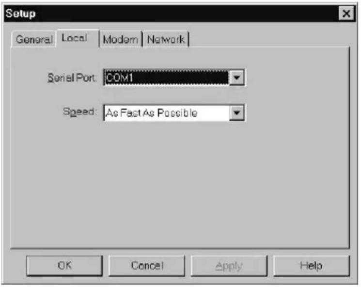 Setup General Local Modem Network Serial Port: COM1 Speed: As Fast As Possible OK Cancel Apply Help
