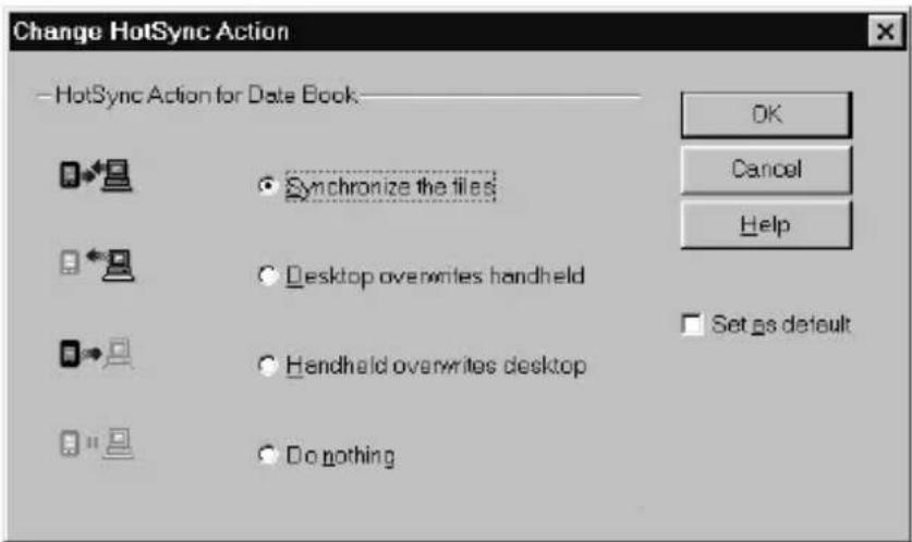Change HotSync Action HotSync Action for Date Book Synchronize the files Desktop overwrites handheld Handheld overwrites desktop Do nothing OK Cancel Help Set as default