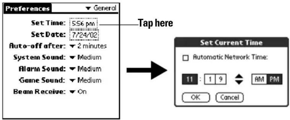 Preferences ▼ General Set Time: 5:56 pm Set Date: 7/24/02 Auto-off after: ▼ 2 minutes System Sound: ▼ Medium Alarm Sound: ▼ Medium Game Sound: ▼ Medium Beam Receive: ▼ On Tap here Set Current Time □ Automatic Network Time: 11 : 1 9 ← AM PM OK Cancel