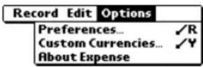 Record Edit Options Preferences... ✓R Custom Currencies... ✓Y About Expense