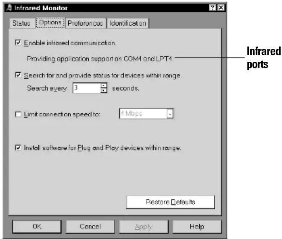Infrared Monitor Status Options Preferences Identification Enable infrared communication. Providing application support on COM4 and LPT4 Search for and provide status for devices within range. Search every 3 seconds. Limit connection speed to: 4 Mbps Install software for Plug and Play devices within range. Restore Defaults OK Cancel Apply Help Infrared ports