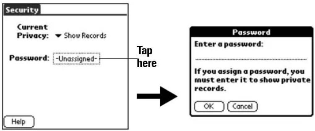 Security Current Privacy: ▼ Show Records Password: -Unassigned- Tap here Help Password Enter a password: ------------------ If you assign a password, you must enter it to show private records. OK Cancel