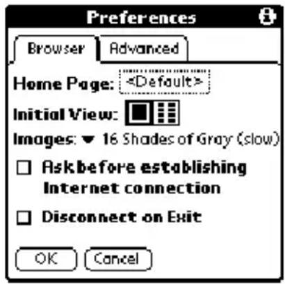 Preferences Browser Advanced Home Page: Initial View: Images: ▼ 16 Shades of Gray (slow) Ask before establishing Internet connection Disconnect on Exit OK Cancel