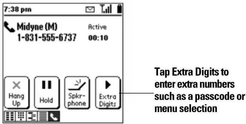 7:38 pm Midyne (M) Active 1-831-555-6737 00:10 Tap Extra Digits to enter extra numbers such as a passcode or menu selection Hang Up Hold Spkr- phone Extra Digits