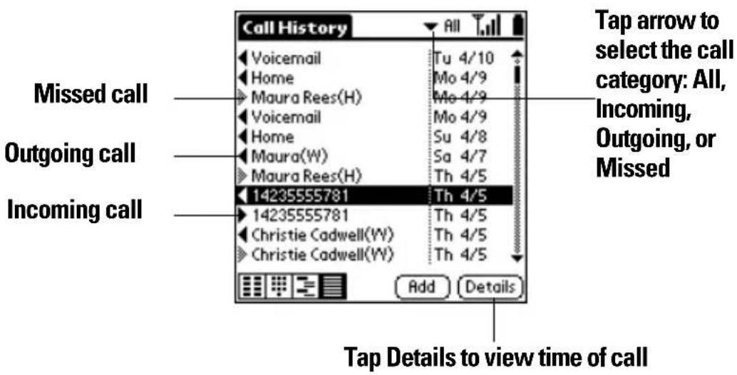 Call History Voicemail Home Maura Rees(H) Voicemail Home Maura(W) Maura Rees(H) 14235555781 14235555781 Christie Cadwell(W) Christie Cadwell(W) Tu 4/10 Mo 4/9 Mo 4/9 Mo 4/9 Su 4/8 Sa 4/7 Th 4/5 Th 4/5 Th 4/5 Th 4/5 Add Details Tap Details to view time of call Tap arrow to select the call category: All, Incoming, Outgoing, or Missed