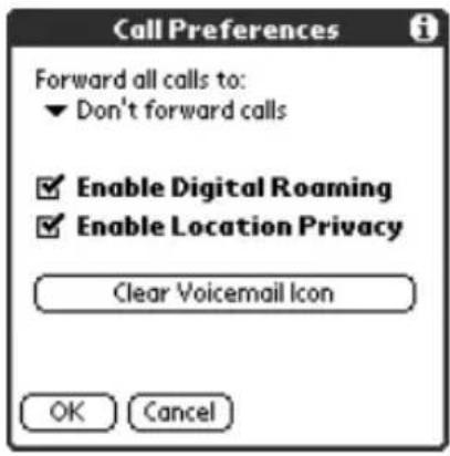 Call Preferences Forward all calls to: ▼ Don't forward calls ✓ Enable Digital Roaming ✓ Enable Location Privacy Clear Voicemail Icon OK Cancel