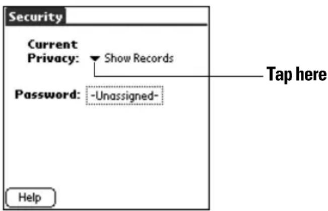 Security Current Privacy: Show Records Password: -Unassigned- Help Tap here
