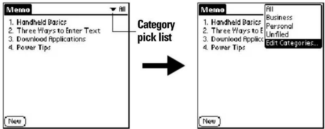 Memo 1. Handheld Basics 2. Three Ways to Enter Text 3. Download Applications 4. Power Tips New Category pick list Memo 1. Handheld Basics 2. Three Ways to E 3. Download Applicc 4. Power Tips All Business Personal Unfiled Edit Categories... New