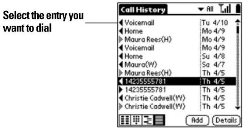 Select the entry you want to dial Call History Voicemail Tu 4/10 Home Mo 4/9 Maura Rees(H) Mo 4/9 Voicemail Mo 4/9 Home Su 4/8 Maura(W) Sa 4/7 Maura Rees(H) Th 4/5 14235555781 Th 4/5 14235555781 Th 4/5 Christie Cadwell(W) Th 4/5 Christie Cadwell(W) Th 4/5 Add Details