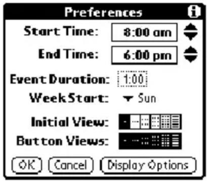 Preferences Start Time: 8:00 am End Time: 6:00 pm Event Duration: 1:00 Week Start: Sun Initial View: Button Views: OK Cancel Display Options