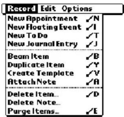 Record Edit Options New Appointment ✓N New Floating Event ✓I New To Do ✓T New Journal Entry ✓J Beam Item ✓B Duplicate Item ✓Y Create Template ✓V Attach Note ✓A Delete Item... ✓D Delete Note... Purge Items... ✓E