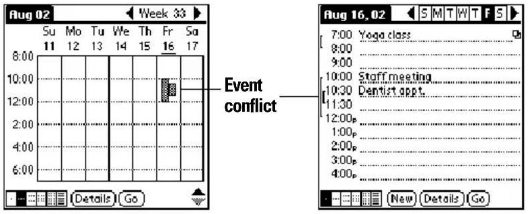 Aug 02 Week 33 Su Mo Tu We Th Fr Sa 11 12 13 14 15 16 17 8:00 10:00 12:00 2:00 4:00 6:00 Event conflict Aug 16, 02 S M T W T F S 7:00 Yoga class 8:00 9:00 10:00 Staff meeting 10:30 Dentist appt. 11:30 12:00p 1:00p 2:00p 3:00p 4:00p New Details Go